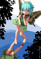Rule 34 | 1girl, antennae, aqua hair, artist name, backlighting, bare arms, bare shoulders, barefoot, bright pupils, brown eyes, butterfly wings, clothes lift, copyright name, day, dress, dress lift, eternity larva, finger to mouth, from above, full body, grin, hair between eyes, hands up, huxiao (mistlakefront), index finger raised, insect wings, leg up, lifting own clothes, looking at viewer, looking up, no panties, outdoors, plant, reflection, reflective water, ripples, shade, short eyebrows, short hair, shushing, silhouette, sleeveless, sleeveless dress, smile, solo, standing, standing on liquid, toes, touhou, v-shaped eyebrows, walking, walking on liquid, water, wings