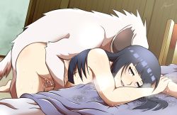 Rule 34 | 1girl, akamaru (naruto), bed, bestiality, black hair, blunt bangs, boruto: naruto next generations, breasts, cleavage, completely nude, cum, dog, doggystyle, drooling, eunnie, happy sex, heavy breathing, hyuuga hinata, indoors, kyoueishin, naruto, naruto (series), nude, pussy juice, saliva, sex, sex from behind, sweat, vaginal