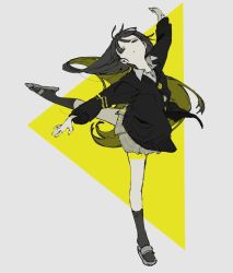 Rule 34 | 1girl, ballet, black cardigan, black eyes, black hair, cardigan, colored inner hair, commentary, grey background, limited palette, long hair, looking at viewer, magotsuki (hurray), multicolored hair, original, pleated skirt, sandals, skirt, socks, solo, symbol-only commentary, very long hair