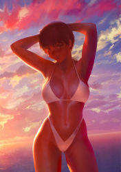 Rule 34 | 1girl, agnidevi, armpits, arms behind head, arms up, bikini, breasts, brown hair, cleavage, cloud, dusk, head tilt, highleg, highleg bikini, highleg swimsuit, highres, horizon, light smile, looking at viewer, naughty face, navel, ocean, original, short hair, sky, smile, solo, sunset, swimsuit, water