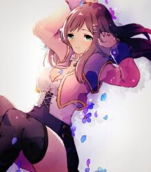 Rule 34 | 1girl, black thighhighs, breasts, brown hair, cleavage, closed mouth, green eyes, hair ornament, hairclip, long hair, looking at viewer, paw print, pencil skirt, pirorr, print thighhighs, skirt, smile, solo, sophia esteed, star ocean, star ocean till the end of time, thighhighs