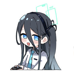 Rule 34 | 1girl, absurdly long hair, absurdres, aris (blue archive), black hair, black hairband, blue archive, blue eyes, blue necktie, blush, collared shirt, commentary request, controller, fami miminmin, game controller, green halo, hairband, halo, highres, holding, holding controller, holding game controller, long hair, long sleeves, looking at viewer, necktie, one side up, open mouth, ringed eyes, shirt, simple background, smile, solo, very long hair, white background, white shirt