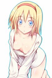 Rule 34 | 1girl, alice margatroid, all fours, blonde hair, blue eyes, blush, bottomless, breasts, comic, downblouse, hair between eyes, hairband, long sleeves, looking at viewer, medium breasts, nipple slip, nipples, nirap, no bra, parted lips, red hairband, short hair, simple background, solo, touhou, white background