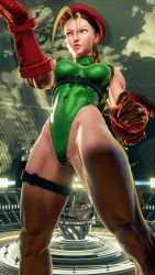 Rule 34 | 1girl, 3d, absurdres, antenna hair, bare shoulders, blonde hair, blue eyes, braid, breasts, cammy white, clenched hand, covered navel, curvy, gloves, green leotard, hat, highleg, highleg leotard, highres, leotard, lips, long hair, looking to the side, medium breasts, red gloves, red hat, ryona, screencap, shiny clothes, solo, street fighter, street fighter v, thighs, third-party edit, thong leotard, twin braids, very long hair, wide hips