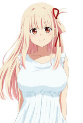 Rule 34 | 1girl, alternate hair length, alternate hairstyle, blonde hair, blush, bow, breasts, brown eyes, dars (recolors), dress, hair bow, hair ornament, highres, large breasts, long hair, looking at viewer, lycoris recoil, nishikigi chisato, simple background, sleeveless, sleeveless dress, smile, solo, white background, white dress