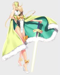 Rule 34 | 1girl, ankle ribbon, artoria pendragon (all), artoria pendragon (fate), artoria pendragon (swimsuit archer) (fate), artoria pendragon (swimsuit archer) (third ascension) (fate), blonde hair, bow, cape, chietori, covered navel, crown, excalibur (fate/stay night), fate/grand order, fate/stay night, fate (series), glowing, green eyes, high heels, leg ribbon, looking at viewer, one-piece swimsuit, ribbon, saber (fate), smile, solo, standing, swimsuit, sword, weapon