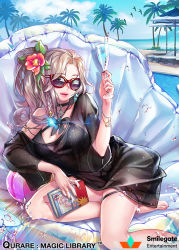 Rule 34 | 1girl, bad id, bad pixiv id, barefoot, bird, black bra, black choker, black dress, black panties, blue sky, bra, braid, champagne flute, choker, company name, cup, day, dress, drinking glass, drinking straw, earrings, eris (qurare), flower, gem, hair flower, hair ornament, inflatable raft, jewelry, light brown hair, manga (object), nail polish, official art, outdoors, palm tree, panties, parted lips, pointy ears, ponytail, pool, qurare magic library, see-through, sitting, sky, sunglasses, tree, underwear, water, xxinainaxx