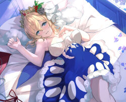 Rule 34 | 1girl, bare arms, bare shoulders, bed, blanket, blonde hair, blue dress, blue eyes, blush, breasts, breasts apart, dress, europa (granblue fantasy), feet out of frame, fur-trimmed dress, fur trim, granblue fantasy, hair ornament, hand on own chest, highres, indoors, looking at viewer, lying, medium breasts, nos, on back, open mouth, pillow, pinecone, short hair, solo, strapless, strapless dress, tiara