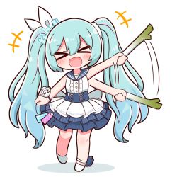Rule 34 | &gt; &lt;, +++, 1girl, :d, > <, afterimage, blue hair, blue sailor collar, blush, center frills, chibi, closed eyes, commentary, facing viewer, flower, food, frills, full body, hair between eyes, hair ribbon, hatsune miku, highres, holding, holding food, holding spring onion, holding vegetable, layered skirt, long hair, naga u, open mouth, outstretched arm, pleated skirt, ribbon, rose, sailor collar, shadow, shirt, shoes, skirt, smile, solo, speed lines, spring onion, twintails, vegetable, very long hair, vocaloid, white background, white flower, white footwear, white ribbon, white rose, white shirt, white skirt, xd
