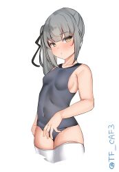 Rule 34 | 1girl, absurdres, alternate costume, black ribbon, blue one-piece swimsuit, blush, brown eyes, covered navel, cowboy shot, embarrassed, grey hair, hair ribbon, highres, kantai collection, kasumi (kancolle), long hair, looking at viewer, one-piece swimsuit, ribbon, school swimsuit, side ponytail, solo, swimsuit, swimsuit under clothes, tf cafe, twitter username