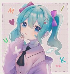 Rule 34 | 1girl, absurdres, ascot, bandaged neck, bandages, bandaid, bandaid on face, blue eyes, blush, bow, character name, collared shirt, hair bow, hair ornament, hairclip, hand on own cheek, hand on own face, hatsune miku, highres, jacket, long sleeves, looking at viewer, off shoulder, open mouth, pill hair ornament, shirt, short hair, solo, suiren nei, track jacket, twintails, upper body, vocaloid, x hair ornament