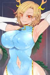 Rule 34 | 1girl, alternate costume, antlers, armpits, arms behind head, blonde hair, breasts, china dress, chinese clothes, clothing cutout, dragon girl, dragon horns, dragon tail, dress, earrings, elbow gloves, gloves, grin, hair over one eye, highres, horns, jewelry, kicchou yachie, large breasts, looking at viewer, mandarin collar, navel, navel cutout, red eyes, roki (hirokix), sharp teeth, short hair, sleeveless, sleeveless dress, smile, solo, tail, teeth, touhou, turtle shell, v-shaped eyebrows, white gloves
