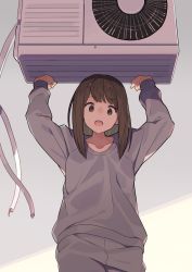 Rule 34 | 1girl, air conditioner, arms up, breasts, brown hair, evil smile, highres, looking at viewer, open mouth, original, short hair, smile, solo, tomioka jirou