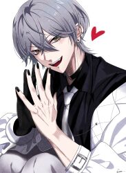 Rule 34 | 1boy, :d, ayato galilei, black choker, black gloves, black nails, choker, coat, collared shirt, commentary request, crossed bangs, ear piercing, earrings, evil grin, evil smile, eyes visible through hair, gloves, grey hair, grin, hair between eyes, heart, highres, jewelry, looking at viewer, mole, mole under eye, multiple moles, nagisa2gi, necktie, o-ring, o-ring choker, open mouth, pale skin, piercing, shirt, short hair, signature, simple background, single glove, smile, solo, steepled fingers, stud earrings, v-shaped eyebrows, virtual youtuber, wactor production, white background, white coat, white necktie, wing collar, yellow eyes