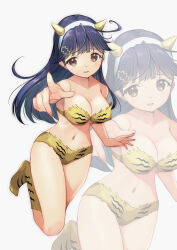 1girl absurdres animal_print bikini black_hair breasts brown_eyes cleavage commentary_request cone_horns cosplay fur_bikini hair_ornament hairclip highres horns kantai_collection large_breasts long_hair lum lum_(cosplay) multiple_views pointing print_footwear simple_background strapless strapless_bikini swimsuit tiger_print urusei_yatsura ushio_(kancolle) white_background yashin_(yasinz)