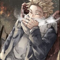 Rule 34 | 1boy, arm at side, barururunru, belt, black jacket, blonde hair, blurry, blurry background, boku no hero academia, breast pocket, breath, building, buttons, closed mouth, commentary request, covering own mouth, dutch angle, facial mark, film grain, flower, forked eyebrows, from side, grey scarf, grey shirt, grey sky, hand over own mouth, hand up, hawks (boku no hero academia), highres, jacket, long sleeves, looking at hand, looking down, male focus, messy hair, narrowed eyes, open clothes, open jacket, outdoors, partial commentary, pocket, power lines, red wings, scarf, shirt, short hair, sky, snowing, solo, spider lily, teeth, triangle, upper body, upper teeth only, utility pole, wings, winter, yellow eyes