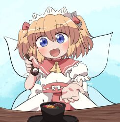 Rule 34 | 1girl, anmitsu (dessert), blue eyes, blush, dress, fairy, fairy wings, fang, food, hair between eyes, headdress, holding, holding spoon, blue background, open mouth, orange hair, rokugou daisuke, short hair, short sleeves, signature, smile, solo, spoon, sunny milk, touhou, two side up, white dress, wings