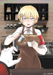 Rule 34 | 1boy, 1girl, absurdres, alternate costume, apron, armband, barista, blonde hair, blue eyes, blush, brown apron, cafe, character name, coffee, coffee cup, commander (girls&#039; frontline), commentary, cup, disposable cup, english commentary, girls&#039; frontline, gloves, hair ornament, highres, long sleeves, mole, mole under eye, out of frame, scull, shirt, short hair, snowflake hair ornament, sweat, trembling, vsk-94 (girls&#039; frontline), waiter, white gloves, white shirt
