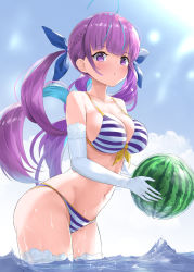 Rule 34 | 1girl, ahoge, bare shoulders, bikini, blue bikini, blue hair, blue ribbon, blue sky, blush, braid, breasts, cleavage, cloud, collarbone, colored inner hair, cowboy shot, crystal shoujo, day, duplicate, elbow gloves, food, from side, fruit, gloves, hair ribbon, highres, holding, holding food, hololive, large breasts, leaning forward, long hair, looking at viewer, looking to the side, minato aqua, minato aqua (hololive summer 2019), multicolored hair, navel, outdoors, purple eyes, purple hair, ribbon, sky, solo, stomach, striped bikini, striped clothes, sunlight, swimsuit, twintails, two-tone hair, very long hair, virtual youtuber, wading, water, watermelon, white gloves