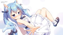 Rule 34 | &gt;:(, 1girl, animal ears, artist name, black bow, blue hair, blush, bow, breasts, cat ears, cat girl, cat tail, double-parted bangs, dress, foreshortening, frilled dress, frills, hair bow, looking at viewer, mary janes, mauve, original, outstretched hand, purple eyes, ronne-chan (mauve), sash, shoes, small breasts, solo, tail, tail bow, tail ornament, third-party source, twintails, twitter username, underbust, v-shaped eyebrows, white dress