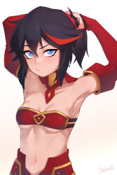 Rule 34 | 1girl, armpits, black hair, blue eyes, blush, breasts, commentary, cosplay, darahan, detached sleeves, english commentary, fate/apocrypha, fate (series), gradient background, hair ornament, hair scrunchie, kill la kill, looking at viewer, matoi ryuuko, mordred (fate), mordred (fate/apocrypha), mordred (fate/apocrypha) (cosplay), navel, pout, red hair, red scrunchie, scrunchie, short hair, short ponytail, sidelocks, signature, small breasts, solo, trait connection, upper body, white background