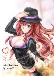 Rule 34 | 1girl, :o, artist name, blue eyes, breasts, character name, cleavage, collar, erementa, garter straps, hat, heart, highres, large breasts, league of legends, crime city miss fortune, nail polish, red hair, miss fortune (league of legends), solo, thighhighs