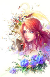 Rule 34 | 1girl, bird, blue eyes, flower, hair ornament, hawk, jewelry, leaf, long hair, looking at viewer, necklace, original, owl, ponytail, red hair, smile, sparrow, yufy