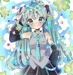 Rule 34 | 1girl, :&gt;, absurdres, ahoge, arm up, bare shoulders, belt, blue eyes, blue hair, blush, bug, butterfly, closed mouth, clover, collar, collared shirt, commentary, day, detached sleeves, flower wreath, frilled collar, frills, hair ornament, hand on headwear, hand on own hip, hatsune miku, head wreath, highres, insect, long hair, long sleeves, looking at viewer, nagihoko, nail polish, necktie, pleated skirt, shirt, skirt, sky, sleeveless, sleeveless shirt, smile, solo, tie clip, twintails, vocaloid, wreath