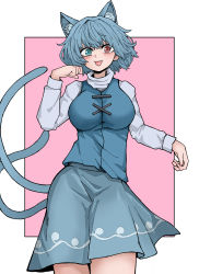 Rule 34 | 1girl, animal ears, blue eyes, blue hair, blush, breasts, cat ears, fe (tetsu), heterochromia, highres, large breasts, long sleeves, looking at viewer, multiple tails, puffy sleeves, red eyes, shirt, simple background, skirt, solo, tail, tatara kogasa, tongue, touhou, two tails, white shirt