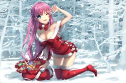 Rule 34 | 1girl, blue eyes, boots, bow, breasts, chocofox, christmas, cleavage, collar, forest, high heel boots, high heels, long hair, nature, original, pink hair, santa costume, snow, solo, thigh boots, thighhighs, tree, wink, winter