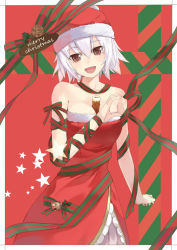 Rule 34 | 10s, 1girl, bad id, bad pixiv id, ben-tou, between breasts, breasts, cccpo, chikuwa, food, hat, open mouth, red eyes, santa costume, santa hat, short hair, smile, solo, white hair, yarizui sen