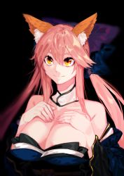 Rule 34 | 1girl, absurdres, animal ears, bare shoulders, black background, bow, breasts, cleavage, detached collar, detached sleeves, fate/grand order, fate (series), fox ears, hair bow, hands on own chest, highres, large breasts, long hair, looking to the side, low twintails, menea, pink hair, smile, solo, tamamo (fate), tamamo no mae (fate/extra), twintails, yellow eyes