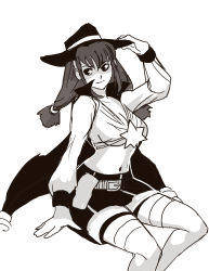 Rule 34 | 1girl, absurdres, ahoge, breasts, brown hair, cape, cleavage, daga, female focus, greyscale, hair ornament, hairband, hat, highres, large breasts, lilka eleniak, long hair, low-tied long hair, monochrome, aged up, sidelocks, simple background, skirt, smile, solo, source request, thighhighs, twintails, white background, white thighhighs, wild arms, wild arms 2, witch hat