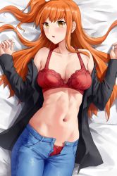 Rule 34 | 1girl, bare shoulders, bed sheet, black jacket, blue pants, bra, breasts, cleavage, collarbone, cowboy shot, denim, from above, hands up, highres, jacket, jeans, long hair, long sleeves, looking at viewer, lying, medium breasts, navel, on back, on bed, one side up, open clothes, open fly, open jacket, open mouth, open pants, orange hair, original, panties, pants, red bra, red panties, sarhce, solo, stomach, toned, unbuttoned, underwear, w arms, yellow eyes
