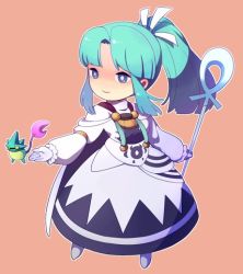 Rule 34 | 1girl, blue eyes, blue hair, cape, closed mouth, gloves, golden sun, hair ribbon, long hair, mia (golden sun), oas, ponytail, ribbon, robe, simple background, smile, solo, staff, white gloves, wide ponytail