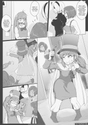 Rule 34 | 4girls, a hat in time, bare shoulders, blindfold, blood, breasts, cleavage, cleavage cutout, clothing cutout, collarbone, comic, cosplay, crossover, embarrassed, english text, greyscale, hair over one eye, hairband, hat, hat kid, hat kid (cosplay), highres, jill valentine, jill valentine (cosplay), large breasts, long hair, looking at another, monochrome, multiple crossover, multiple girls, nier:automata, nier (series), one eye closed, original, resident evil, resident evil 3, resident evil 3: nemesis, short hair, speech bubble, top hat, tyrone, v, 2b (nier:automata), 2b (nier:automata) (cosplay)