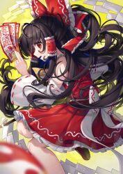 Rule 34 | 1girl, ascot, bare shoulders, black hair, bow, brown footwear, detached sleeves, foot out of frame, frilled skirt, frills, gohei, gunjou row, hair bow, hair tubes, hakurei reimu, highres, holding, holding gohei, japanese clothes, long hair, nontraditional miko, ofuda, open mouth, orb, pleated skirt, red bow, red eyes, red skirt, ribbon-trimmed sleeves, ribbon trim, shoes, sidelocks, skirt, solo, touhou, white sleeves, wide sleeves, yellow ascot, yin yang, yin yang orb