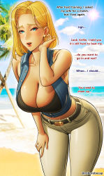 Rule 34 | 1girl, absurdres, android, android 18, bare shoulders, beach, belt, black belt, blonde hair, blue eyes, blue sky, blush, breasts, cleavage, crop top, denim, denim jacket, dragon ball, dragonball z, earrings, english text, hair behind ear, hand on own thigh, highres, jacket, jewelry, korean commentary, large breasts, leaning forward, midriff, mixed-language commentary, palm tree, pants, roborobocap, sand, shore, sky, tree, water, waves, white pants