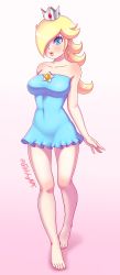 Rule 34 | 1girl, absurdres, bare arms, bare shoulders, barefoot, blonde hair, blue dress, blue eyes, blush, breasts, collarbone, covered navel, crown, dress, earrings, feet, full body, glitchynpc, gradient background, hair over one eye, highres, jewelry, large breasts, legs, lips, long hair, looking at viewer, mario (series), nintendo, parted lips, pink background, rosalina, solo, standing, strapless, strapless dress, super mario 3d world
