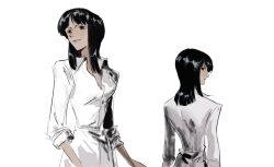 Rule 34 | 1girl, black hair, blunt bangs, collared shirt, commentary, highres, linerynlasgalen, looking back, looking to the side, medium hair, multiple views, nico robin, one piece, shirt, simple background, sleeves rolled up, smile, symbol-only commentary, upper body, white background, white shirt