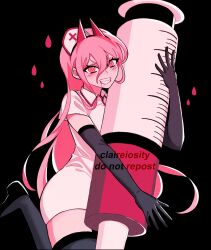 Rule 34 | 1girl, artist name, black background, black thighhighs, blood, chainsaw man, claireiosity, cross-shaped pupils, elbow gloves, gloves, hair between eyes, hat, highres, horns, large syringe, long hair, looking at viewer, nurse, nurse cap, oversized object, pink hair, power (chainsaw man), red horns, sharp teeth, simple background, smile, solo, symbol-shaped pupils, syringe, teeth, thighhighs, yellow eyes, zettai ryouiki