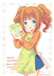 Rule 34 | 1girl, :d, animal print, apron, artist name, bag, bean sprout, blue eyes, blue skirt, blunt bangs, blush, brown hair, character name, cloud, commentary request, cowboy shot, crescent, frog print, green apron, happy birthday, head tilt, heart, holding, holding bag, idolmaster, idolmaster (classic), kaiware-san, long sleeves, looking at viewer, open mouth, orange shirt, print apron, raglan sleeves, shirt, short twintails, skirt, smile, solo, standing, star (symbol), takatsuki yayoi, twintails, white background