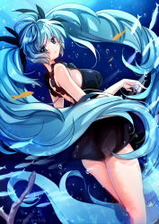 Rule 34 | 1girl, air bubble, alternate breast size, animal, bare arms, bare shoulders, black dress, black ribbon, blue eyes, blue hair, blush, breasts, bubble, closed mouth, commentary request, coral, dress, dutch angle, fish, hair ribbon, hatsune miku, highres, long hair, looking at viewer, looking to the side, medium breasts, ribbon, ruri rarako, shinkai shoujo (vocaloid), sidelocks, sleeveless, sleeveless dress, smile, solo, twintails, twitter username, underwater, very long hair, vocaloid, water