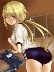 Rule 34 | 1girl, alternate costume, ankake hitokaji, ass, black buruma, blonde hair, blue one-piece swimsuit, breasts, buruma, commentary request, cowboy shot, desk, from behind, gym shirt, gym uniform, highres, kantai collection, leaning forward, long hair, looking at viewer, looking back, one-piece swimsuit, satsuki (kancolle), school desk, school swimsuit, shirt, small breasts, solo, swimsuit, t-shirt, twintails, white shirt, yellow eyes