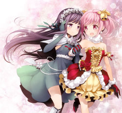 Rule 34 | 10s, 2girls, adapted costume, akemi homura, alternate costume, bare shoulders, bell, black hair, blush, boots, bow, capelet, cross-laced footwear, dress, dress bow, elbow gloves, flower, frilled bow, frills, gloves, hair bell, hair flower, hair ornament, hand up, headdress, holding hands, interlocked fingers, jewelry, kaname madoka, knee boots, kotoji, long hair, looking at another, mahou shoujo madoka magica, mahou shoujo madoka magica (anime), multiple girls, open mouth, pink eyes, pink hair, purple eyes, red bow, red gloves, ribbon, short hair, smile, twintails, yellow bow