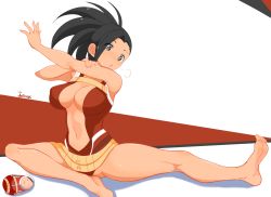 Rule 34 | 1girl, asymmetrical hair, bare legs, bare shoulders, barefoot, belt, black hair, blush, boku no hero academia, breasts, jellcaps, large breasts, legs, leotard, navel, open mouth, ponytail, red background, sitting, sleeveless, soles, solo, stretching, sweat, toes, white background, yaoyorozu momo