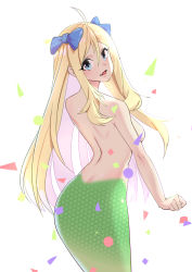 Rule 34 | 1girl, absurdres, ahoge, arched back, back, blonde hair, blue bow, blue eyes, blush, bow, breasts, fang, from behind, hair between eyes, hair bow, highres, jashin-chan, jashin-chan dropkick, lamia, lijiahao5103, long hair, looking at viewer, looking back, medium breasts, monster girl, nude, open mouth, scales, smile, solo, unmoving pattern, very long hair