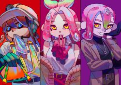 Rule 34 | 1girl, 2boys, absurdres, belt, biting, blue eyes, blue pupils, bow, brown suit, citrusplatsoda, commentary request, formal, glove biting, gloves, hair intakes, highres, inkling, inkling boy, inkling player character, jewelry, medium hair, mining helmet, multicolored background, multiple boys, necklace, nintendo, octoling, octoling boy, octoling girl, octoling player character, pink hair, pointy ears, purple background, red background, red bow, red pupils, simple background, smile, splat bomb (splatoon), splatoon (series), suit, teeth, tentacle hair, yellow eyes