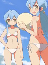 Rule 34 | 10s, 2girls, 9law, ass, bad id, bad pixiv id, ball, beachball, bikini, blue hair, blush, breasts, cardfight!! vanguard, charlene chen, day, flat chest, from behind, gillian chen, highres, long hair, looking at viewer, looking back, multiple girls, open mouth, siblings, side-tie bikini bottom, sisters, smile, swimsuit, tareme, tsurime, twins, white bikini, yellow eyes