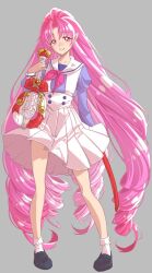 Rule 34 | 1girl, akagi towa, blush, cure scarlet, earrings, go! princess precure, gradient background, grey background, highres, instrument, jewelry, jj (ssspulse), long hair, looking at viewer, magical girl, noble academy school uniform, pointy ears, precure, purple shirt, quad tails, red eyes, red hair, school uniform, serafuku, shirt, skirt, smile, solo, violin, white skirt